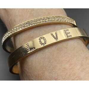 Set 2 Cuff Bracelets Polished Gold Tone Sparkle Rhinestone Love 5.5 & 8 mm 7.5"